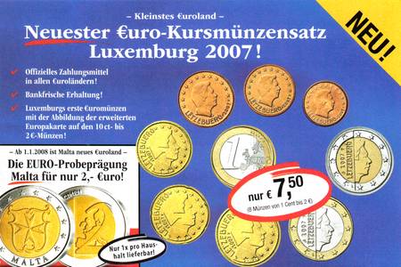 Werbung: Kleinstes Euroland – Neuester Euro-Kursmünzensatz Luxemburg 2007 – nur EUR 7,50