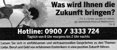 Was wird Ihnen die Zukunft bringen? Täglich von 8 Uhr morgens bis 2 Uhr nachts. Lassen Sie sich in einfühlsamen und vertrauensvollen Gesprächen zu den Themen Liebe, Beruf und Geld von erfahrenen Esoterikern in eine positive Zukunft führen.