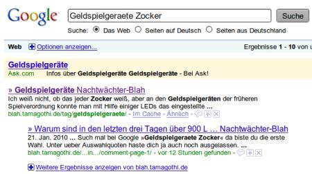 An erster Stelle bei Google mit dem suchbegriff Geldspielgeräte zocker ist zurzeit das Blahblog