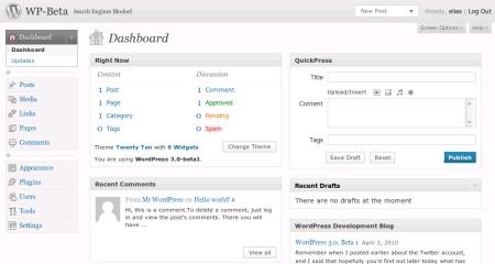 Das Dashboard von WordPress 3.0