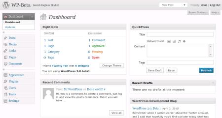 Das Dashboard von WordPress 3.0