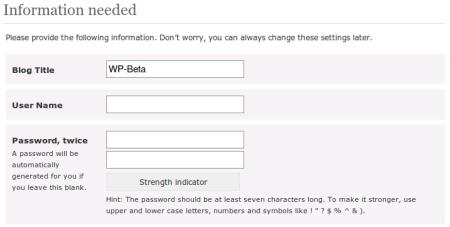 Eingabe des Benutzernamens und des Passwortes bei der Installation von WordPress 2.3beta