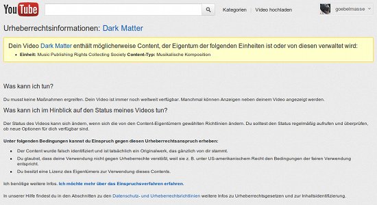 Dein Video Dark Matter enthält möglicherweise Content, der Eigentum der folgenden Einheiten ist oder von diesen verwaltet wird: Music Publishing Rights Collecting Society