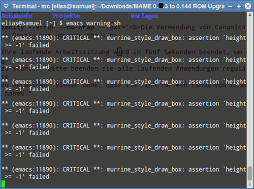 Screenshot eines Terminal-Fensters unter Ubuntu Precise mit massenhaften Emacs-Warnungen