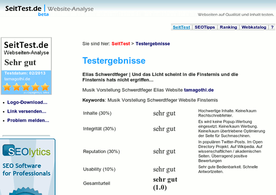 Seittest ist der Meinung, meine Homepage sei sehr gut