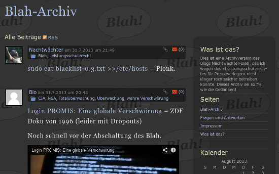 Screenshot der Startseite des archivierten Blogs Nachtwächter-Blah