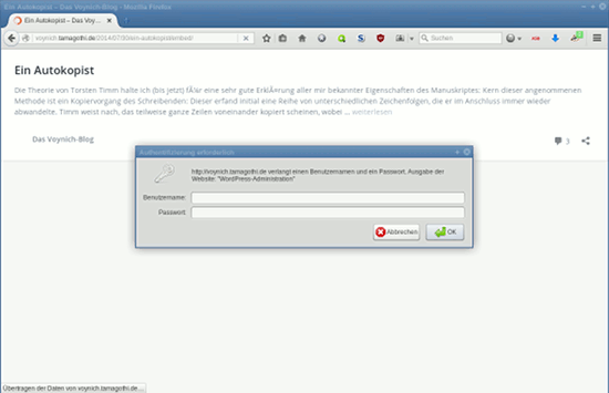Eine Darstellung der eingebetteten Ansicht im Browserfenster mit einem Blogartikel, überlagert von einer Eingabeaufforderung für Benutzername und Passwort