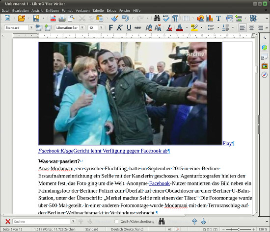 Screenshot LibreOffice Writer 5.0 mit der vom Handelsblatt blockierten Meldung im vollen Layout im Fenster