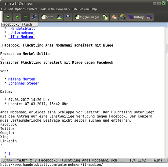 Screenshot Emacs mit der vom Handelsblatt blockierten Meldung im Fenster