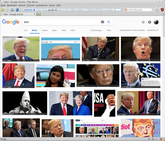 Screenshot einer Google-Bildsuche nach Idiot: Überwiegend Fotos von Donald Trump.