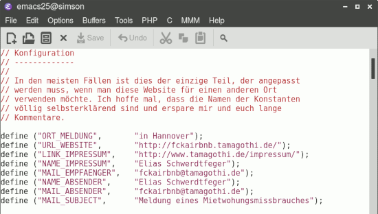 Screenshot meines Emace mit dem wichtigen Teil der Konfiguration, den jeder anpassen müsste.