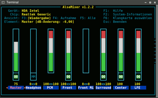 Screenshot eines Terminals, in dem alsamixer ausgeführt wird