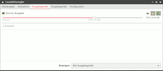 Screenshot des Xfce-Mixers eines XUbuntu: Die Soundkarte wird nicht angezeigt. Die Soundausgabe läuft über ein Dummy-Device.
