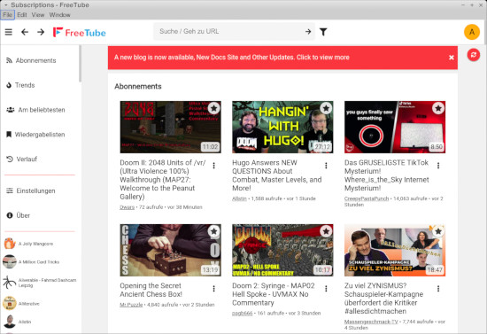 Screenshot von FreeTube mit der Anzeige meiner Abos
