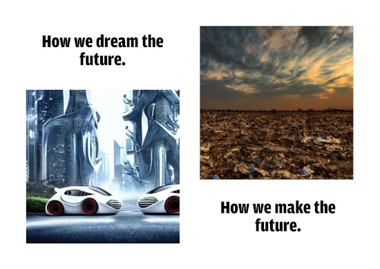 Text: 'How we dream the future.' Bild einer absurden futuristischen Großstadt mit geschwungener Architektur und futuristischen Autos. -- Bild einer leblosen, von Müll übersähten Wüste mit orangebraunem Himmel und giftig anmutender Bewölkung. 'How we do the future.'