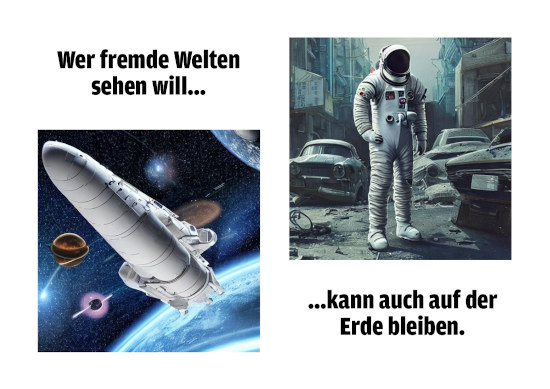 Bild eines futuristischen Raumschiffes. Text darüber: Wer fremde Welten sehen will… -- Bild einer in Ruinen liegenden Großstadt voller rostiger Autowracks, zwischen denen ein Astronaut im Raumanzug geht. Text darunter: …kann auch auf der Erde bleiben.