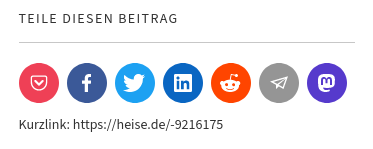 Detail aus der Heise-Website zu diesem Artikel: Teile diesen Beitrag, diverse S/M-Links mit den zugehörigen Symbolen, darunter auch der Vogel von Twitter