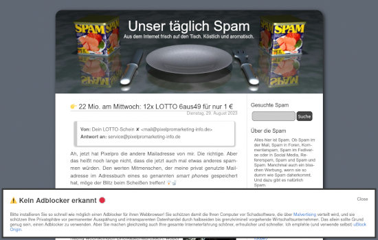 Screenshot von Unser täglich Spam mit Warnhinweis: Kein Adblocker erkannt