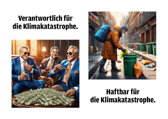 Zweigeteiltes Bild. Auf der linken Seite gutgelaunte, zigarrerauchende Milliardäre um einen Tisch voller Banknoten, darunter der Text: Verantwortlich für die Klimakatastrophe. Auf der rechten Seite ein Obdachloser, der in verwahrloster Umgebung eine Mülltonne nach etwas Essbarem durchsucht, darunter der Text: Haftbar für die Klimakatastrophe.