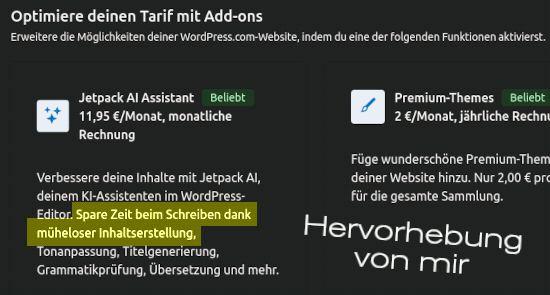 Beliebt! -- Jetpack AI Assistant -- 11,95 €/Monat, monatliche Rechnung -- Verbessere deine Inhalte mit Jetpack AI, deinem KI-Assistenten im WordPress-Editor. Spare Zeit beim Schreiben dank müheloser Inhaltserstellung, Tonanpassung, Titelgenerierung, Grammatikprüfung, Übersetzung und mehr...
