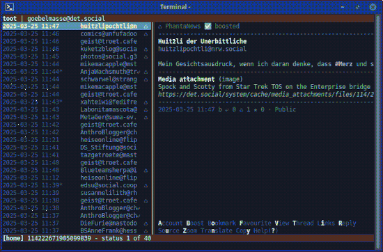 Screenshot eines interaktiv nutzbaren Kommandozeilenprogramms für Mastodon