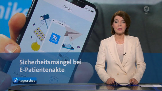 Screenshot der 20-Uhr-Tagesschau von gestern mit der Meldung 'Sicherheitsmängel bei E-Patientenakte'.
