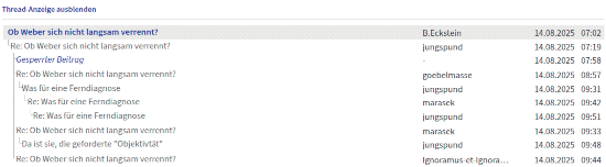 Ansicht des Threads im Telepolis-Forum, in dem ich kommentiert habe. Ein Beitrag wurde bereits gelöscht.