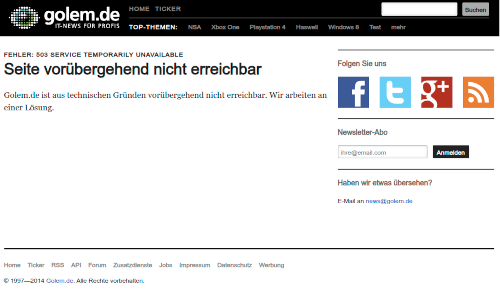 Screenshot der Fehlermeldung 503 Service Temporarily Unavialable im alten Golem-Design.